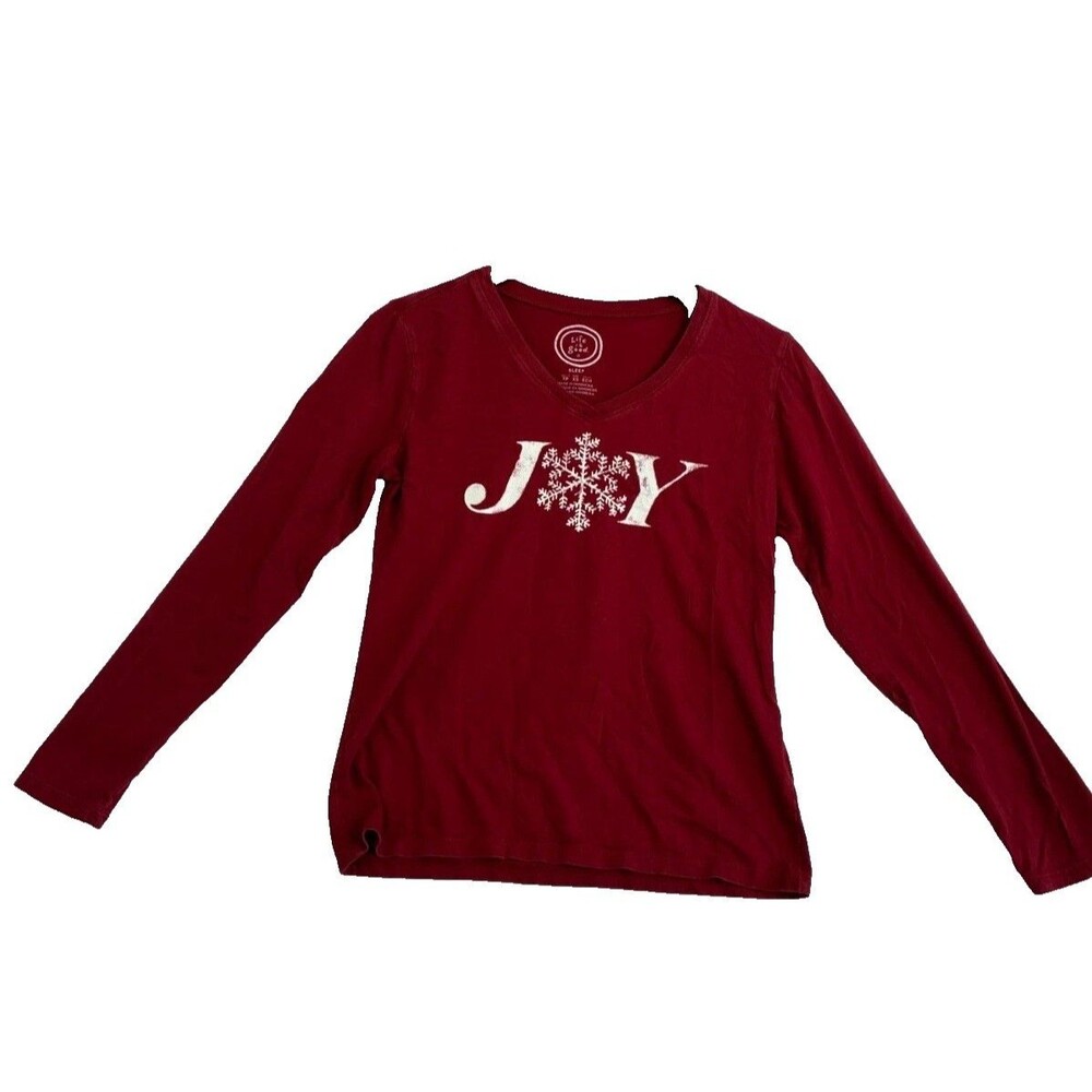 Life is Good Womens XS Red Joy Snowflake Long Sleeve V Neck Christmas Shirt